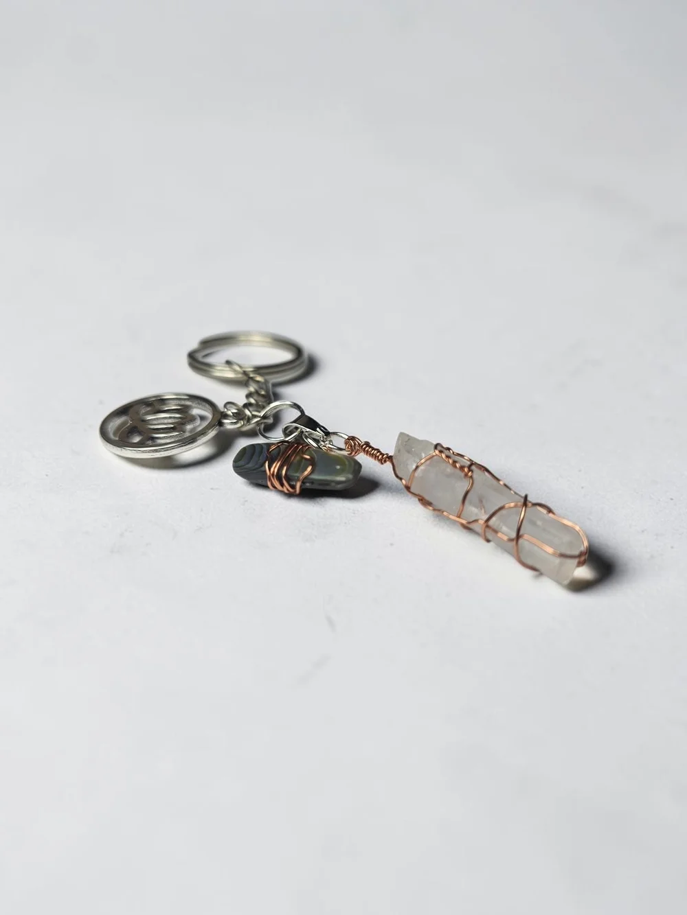 Wire-Wrapped Quartz Crystal Keychain with Metal Accents